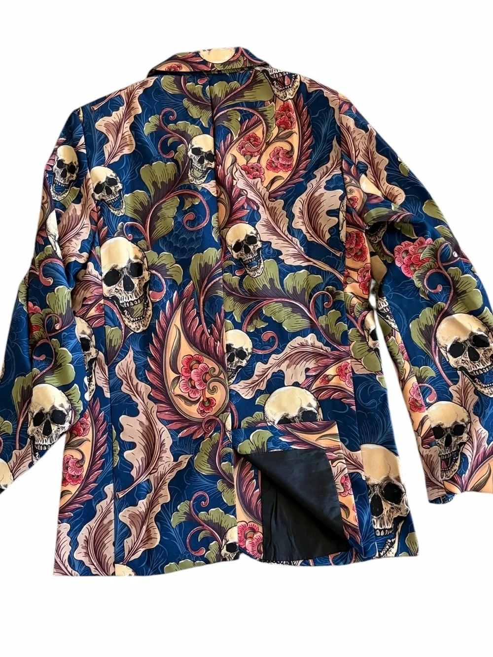 Halloween Bold Blue Floral & Skull Print Men's Suit Jacket, Pants and Tie Sz M